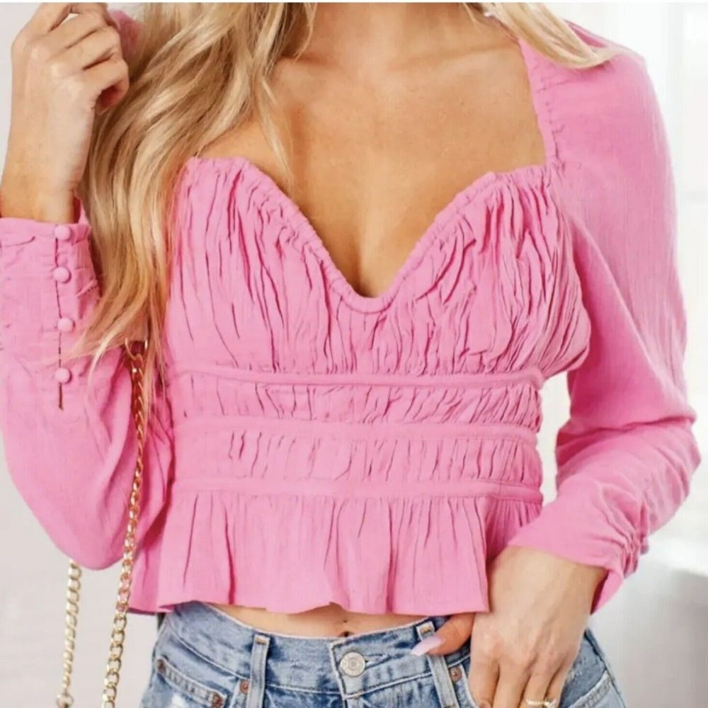 NWT Free People Chloe Top in Aurora Pink Sz XS Sweetheart Neckline Smocked Back